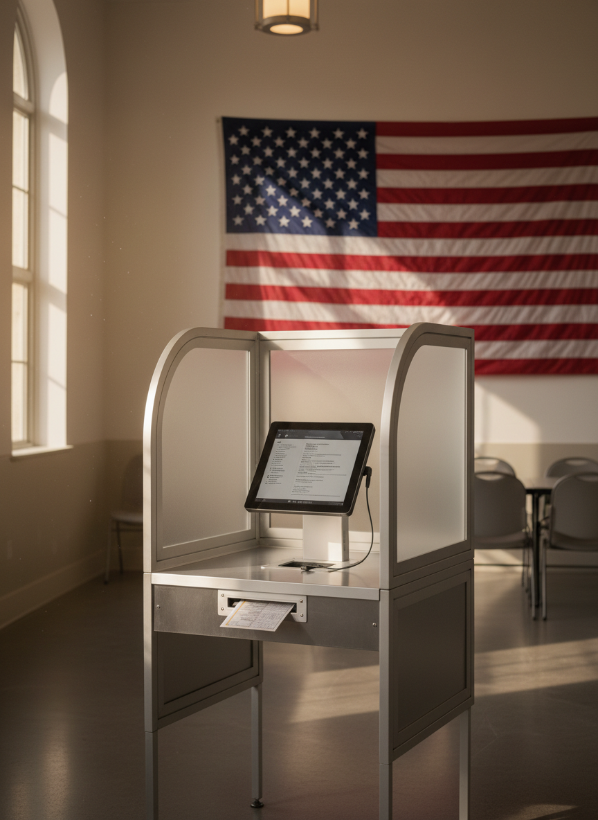 A clean, professional photo of a voting booth or polling station — a single privacy voting booth with an American flag visible in the background, warm neutral lighting, democratic civic feel